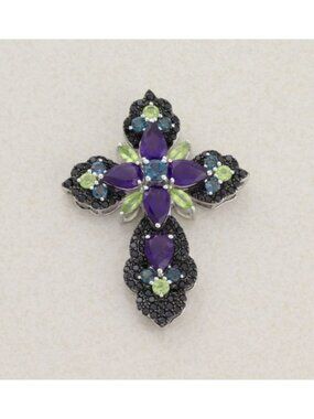 Pendant Only Sterling Silver Natural Amethyst Peridot Topaz Spinel Cross Pendant